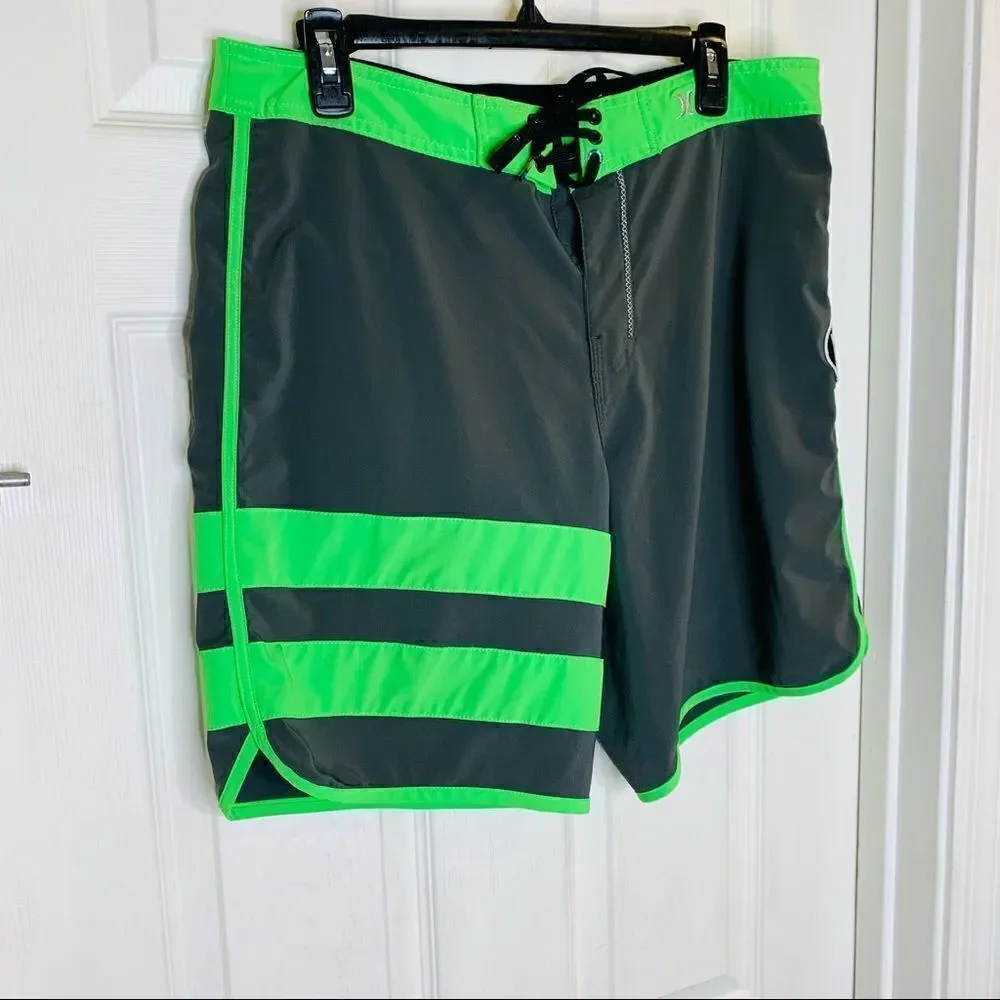 Hurley Phantom Gray Green Striped Unlined Drawstring Board Shorts Size Large